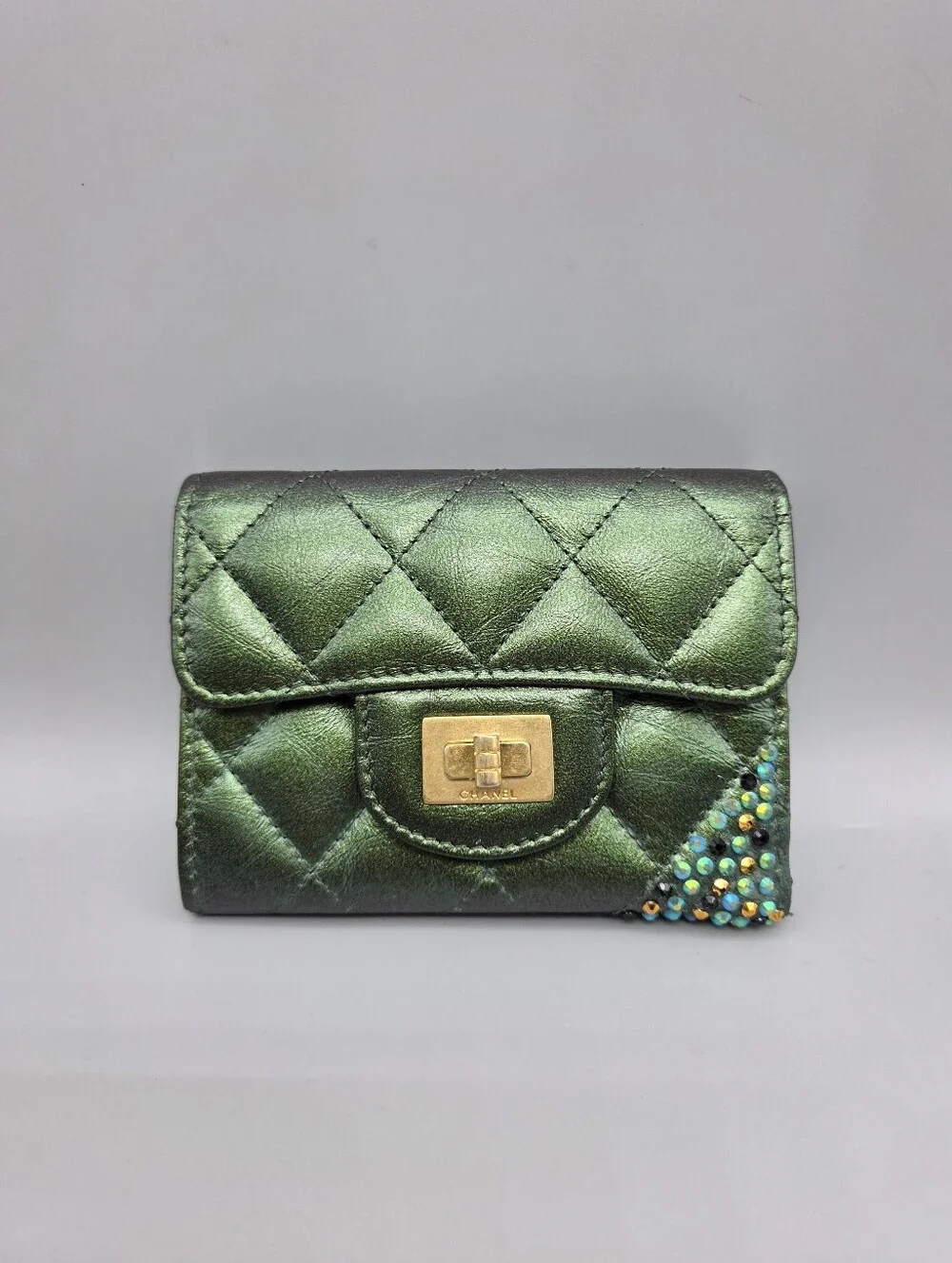💚CHANEL Authentic Green Iridescent Lambskin Quilted Double Flap Wallet💚
